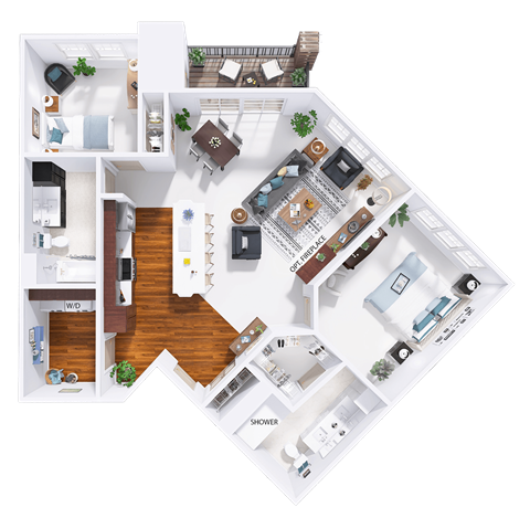 Floor plan for 2 beds, 2 baths, 1261 sqft